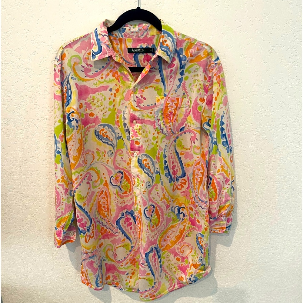 Ralph Lauren Cotton Nightshirt Monogrammed Floral Button Down Size S Small